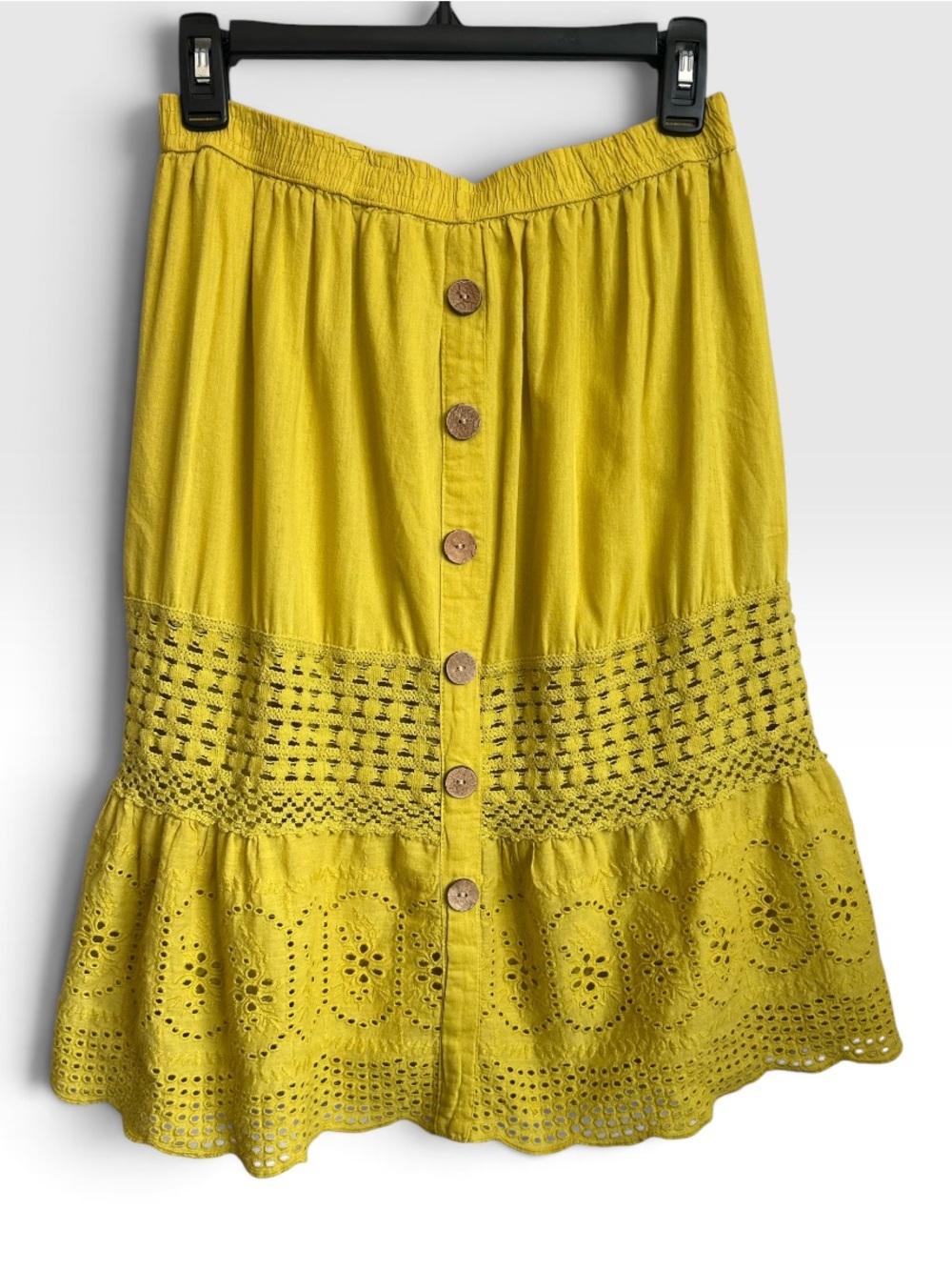 Vintage Mustard Yellow Eyelet Crochet Button Front Boho Skirt Cotton Festival XL